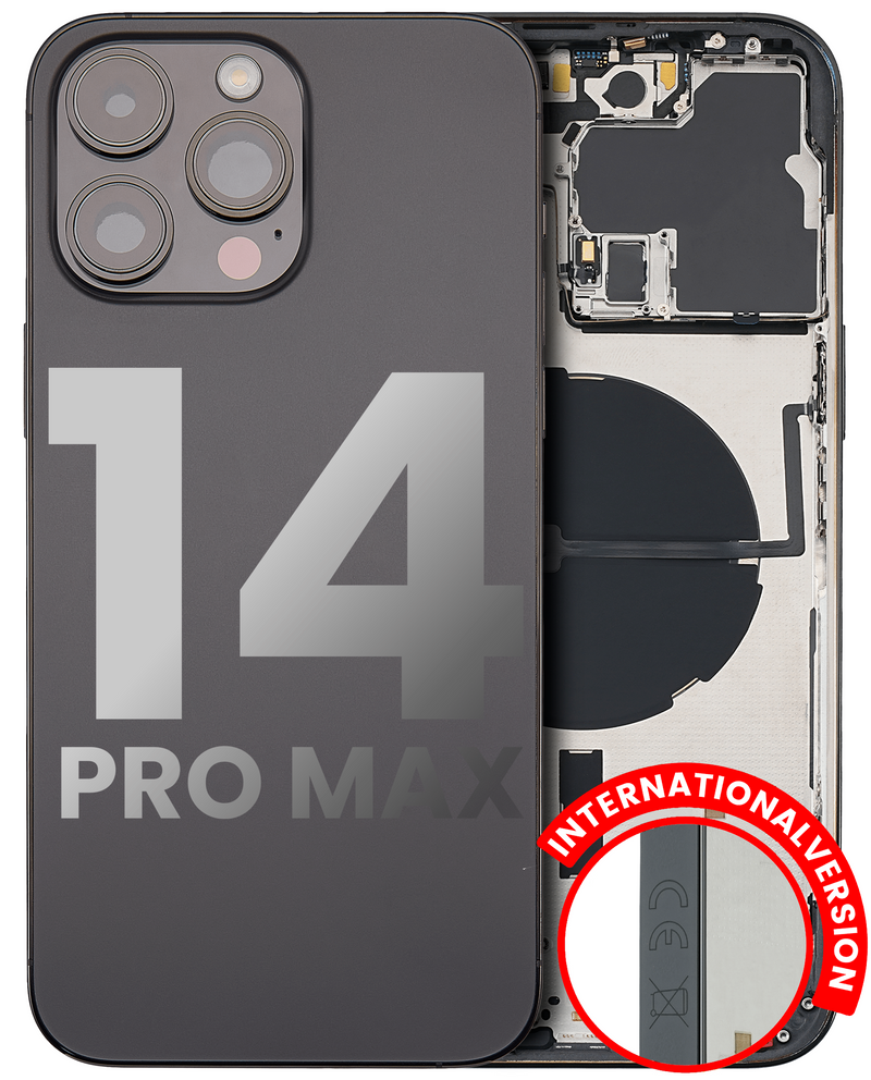 BACK HOUSING W/ SMALL PRE-INSTALLED FOR IPHONE 14 PRO MAX (INTERNATIONAL VERSION) (USED OEM PULL:  (SPACE BLACK)